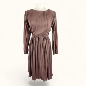 Vtg 70s Brown Pleated Midi Dress SMALL Plisse Day Dress Office Sequined Long Slv